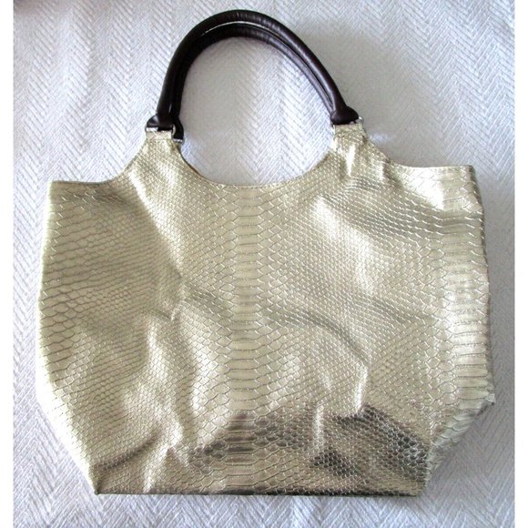 Neiman Marcus Tote-Large Shiny Gold Metallic Faux Snake Skin-Carry All Purse Bag - Picture 1 of 16